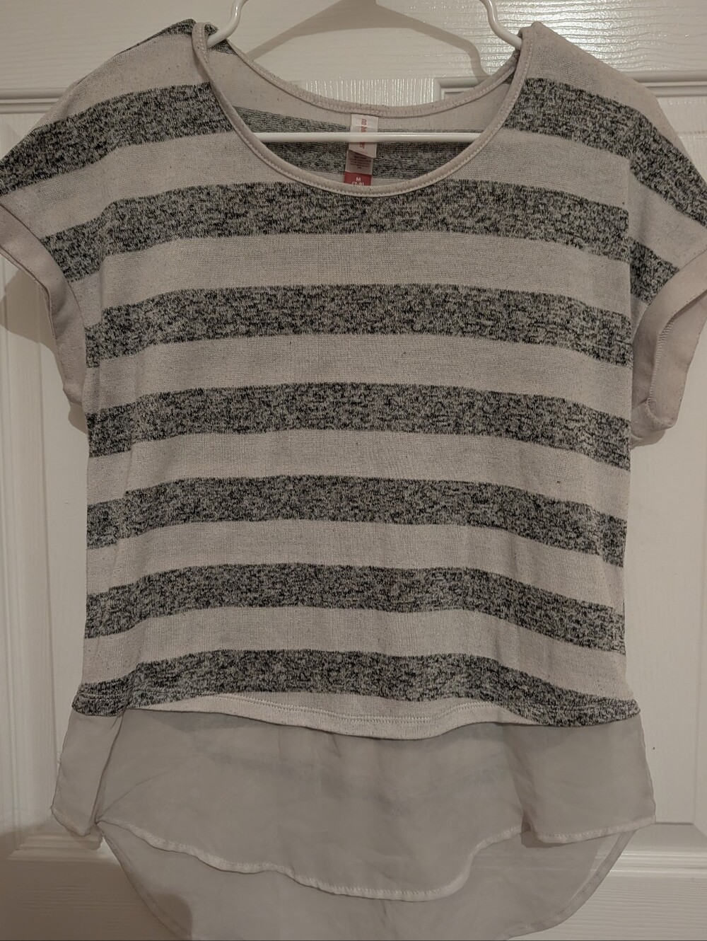 No Boundaries Gray and White Striped Short-Sleeve Top with Layered Hem